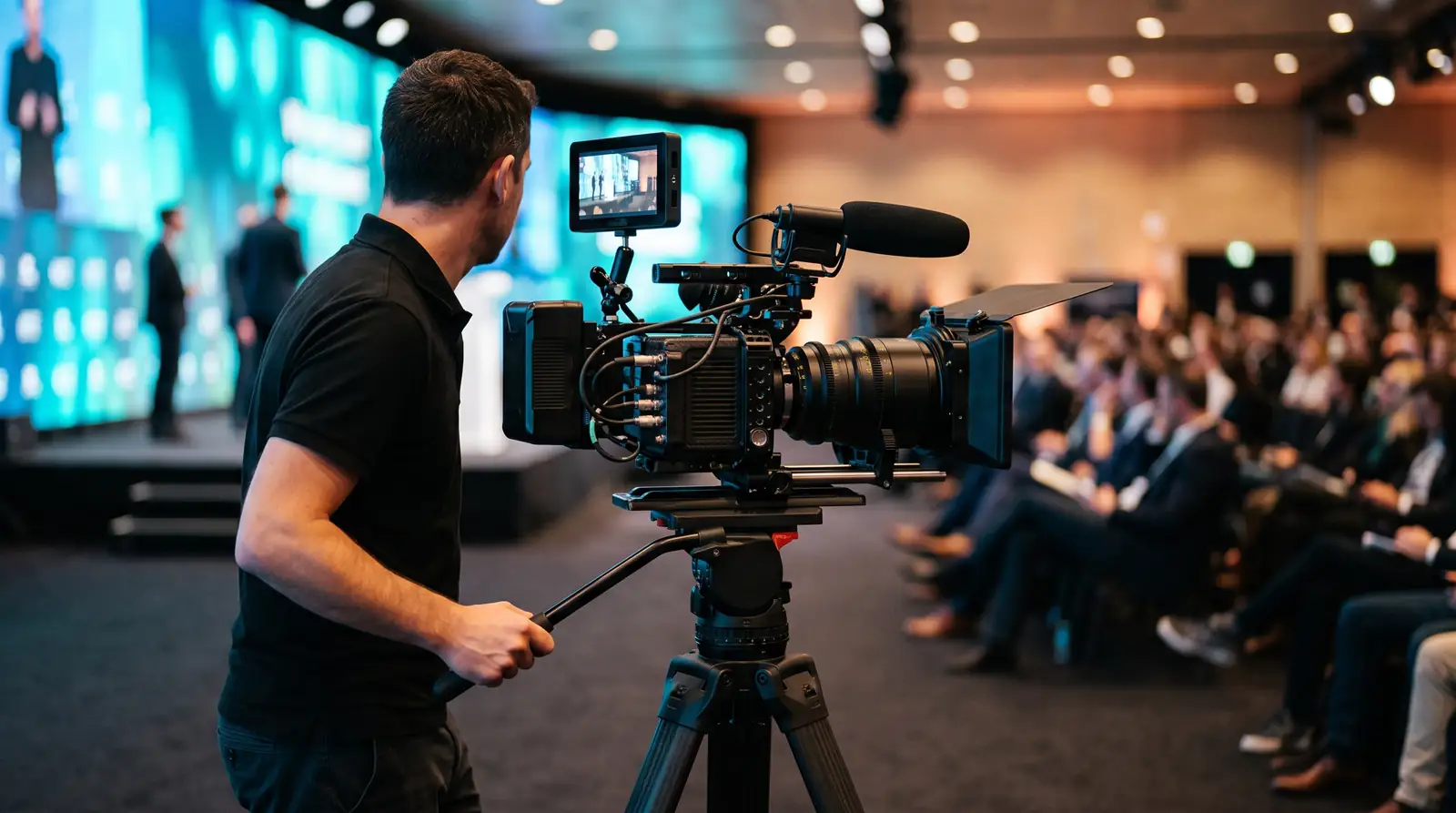 Caméra cinéma plein format sur trépied lors d’une conférence