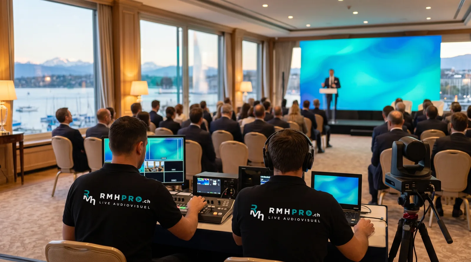 Conférence d’investisseurs dans un salon d’hôtel au bord du lac, régie vidéo RMHpro et caméra robotisée au premier plan