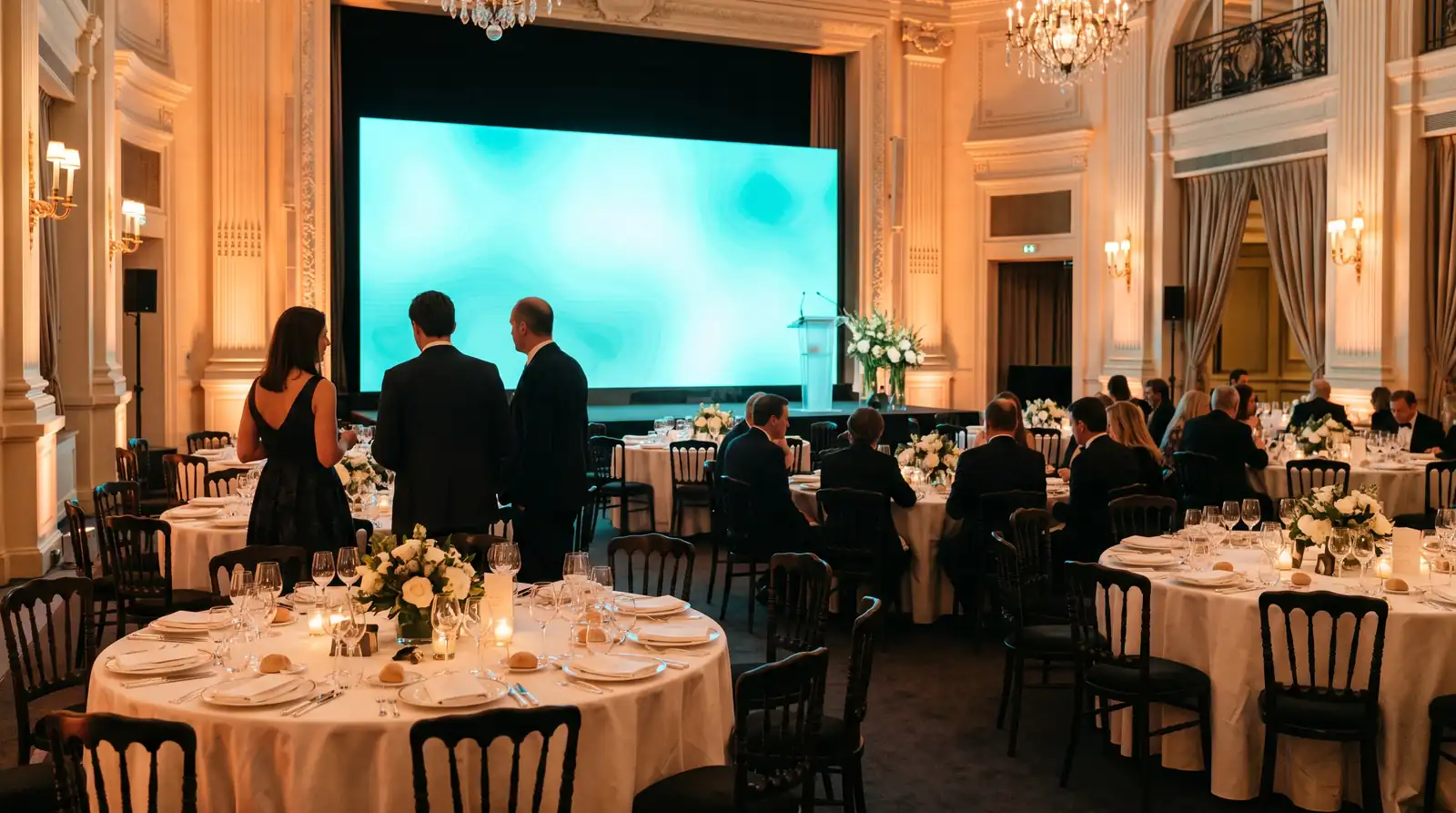 Salle de gala dressée, tables rondes et scène éclairée