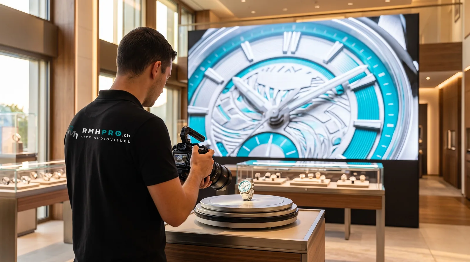 Vidéaste RMHpro filmant une pièce d’horlogerie devant un mur LED en boutique