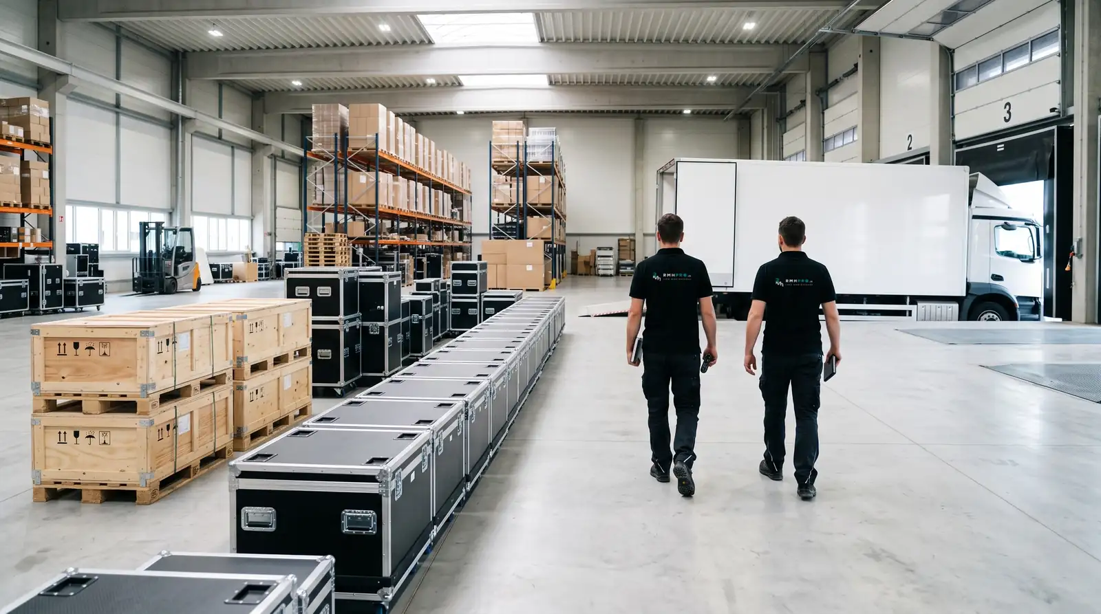 Entrepôt du hub logistique, flight cases alignés et camion à quai