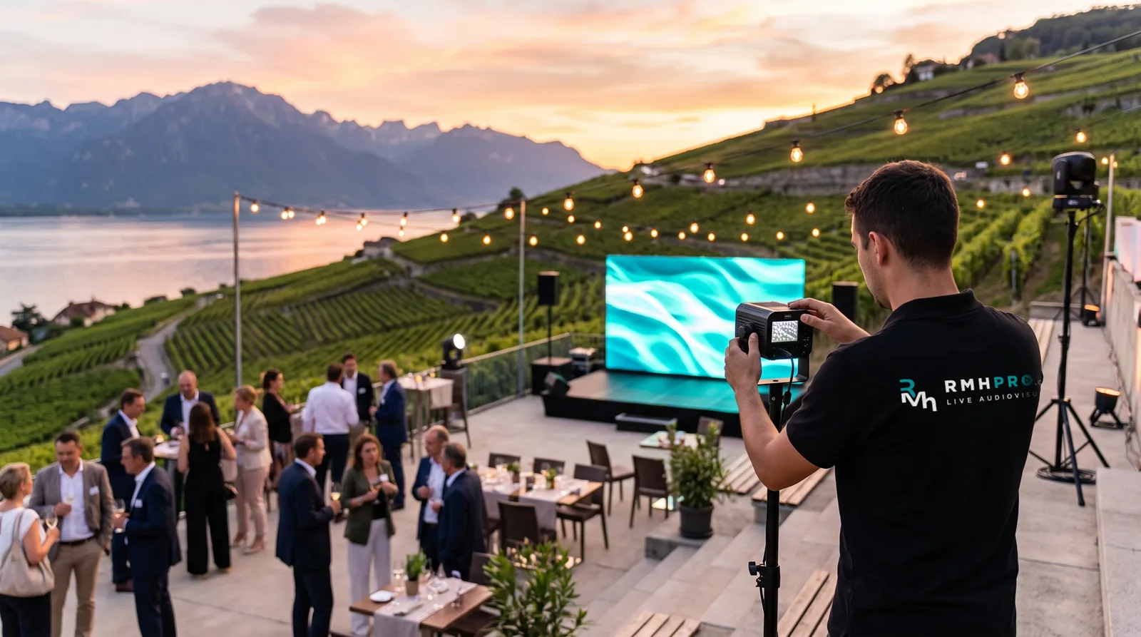 Événement en terrasse dans les vignes de Lavaux au coucher du soleil, écran LED et vidéaste RMHpro