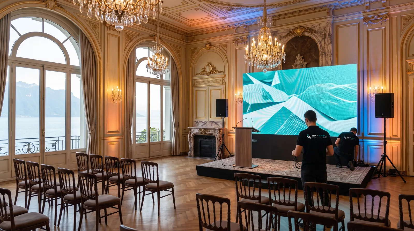 Salon de palace avec lustres, écran LED et techniciens RMHpro à l’installation
