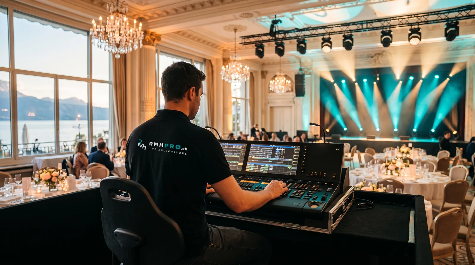 Technicien lumière en polo RMHpro à la console, salle de gala avec vue sur le lac