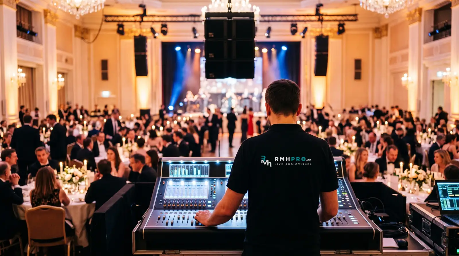 Technicien son à la console pendant une soirée de gala