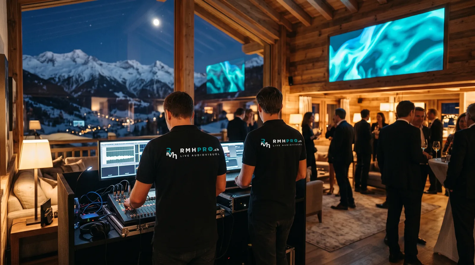 Soirée dans un chalet de station, vue sur les sommets enneigés, deux techniciens RMHpro à la régie son et vidéo