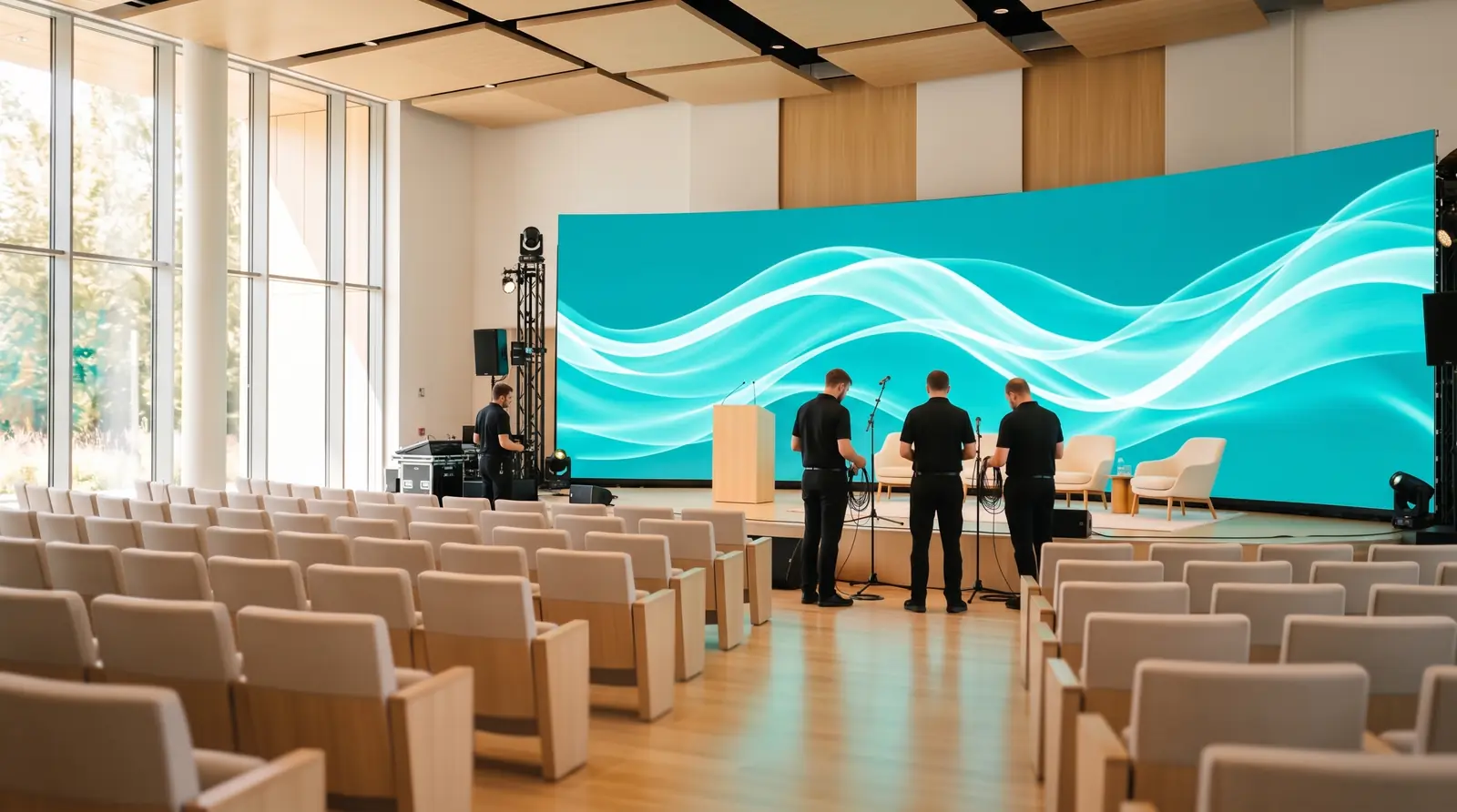 Grande salle de conférence baignée de lumière naturelle, mur LED aux vagues turquoise, trois techniciens au réglage sur scène