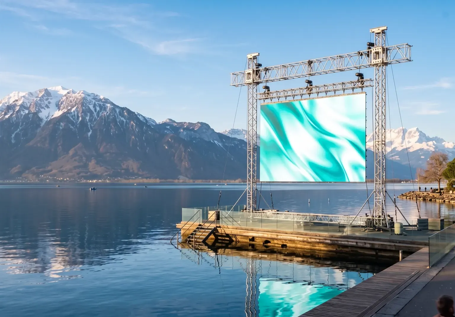 Grosse LED-Leinwand mit türkisfarbenen Visuals auf einer Struktur am Ufer des Genfersees, Berge im Hintergrund