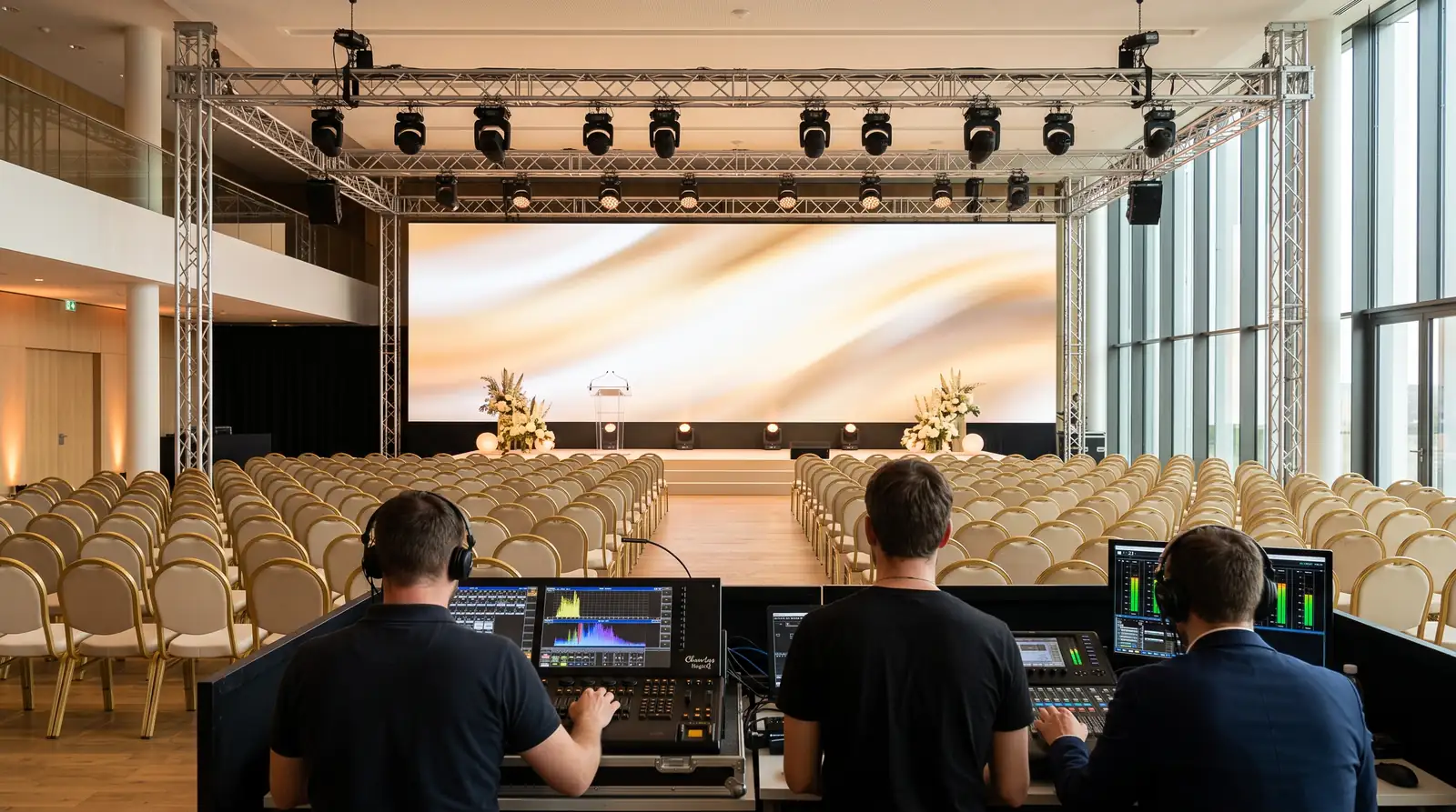 Salle de séminaire lumineuse, scène avec mur LED et régie technique au premier plan
