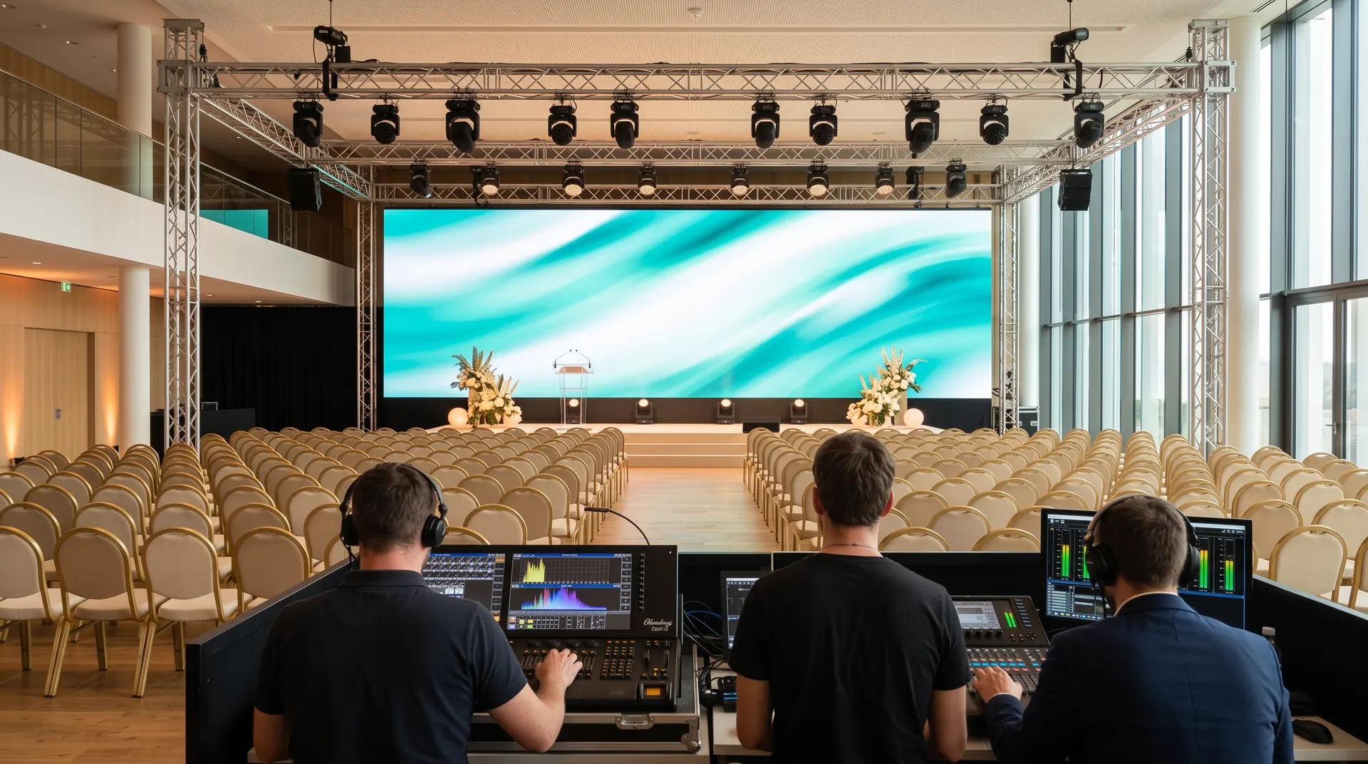 Salle de séminaire lumineuse, mur LED aux vagues turquoise sous un pont de projecteurs, trois techniciens en régie au premier plan